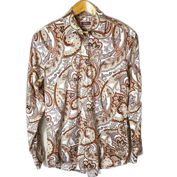 Andrew Carrington White Rust Tan Paisley LS Collared Button Front Shirt Size M - Picture 2 of 12